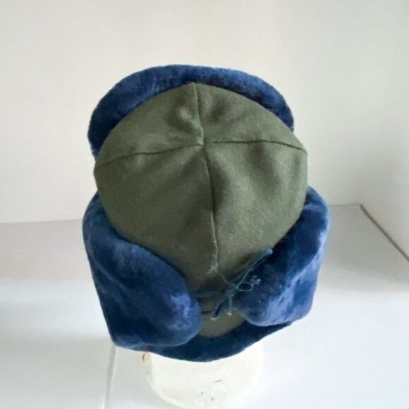 Vintage  Eastern European Army Green Wool Blue Fur Deatil Militray Flight Hat M - Picture 5 of 9